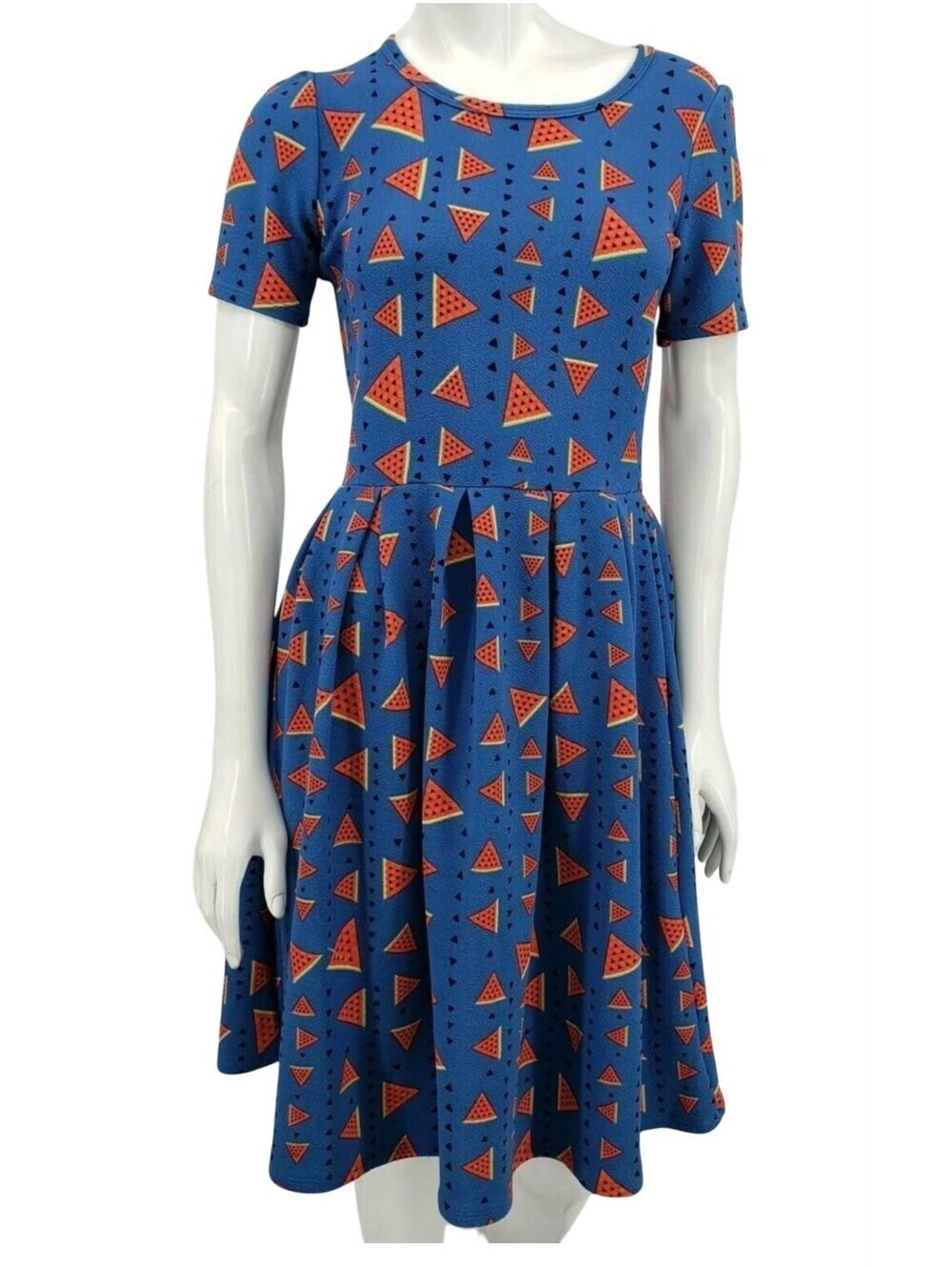 Lularoe Amelia Size S Blue Watermelon Print Short Sleeve Women’s Dress pockets